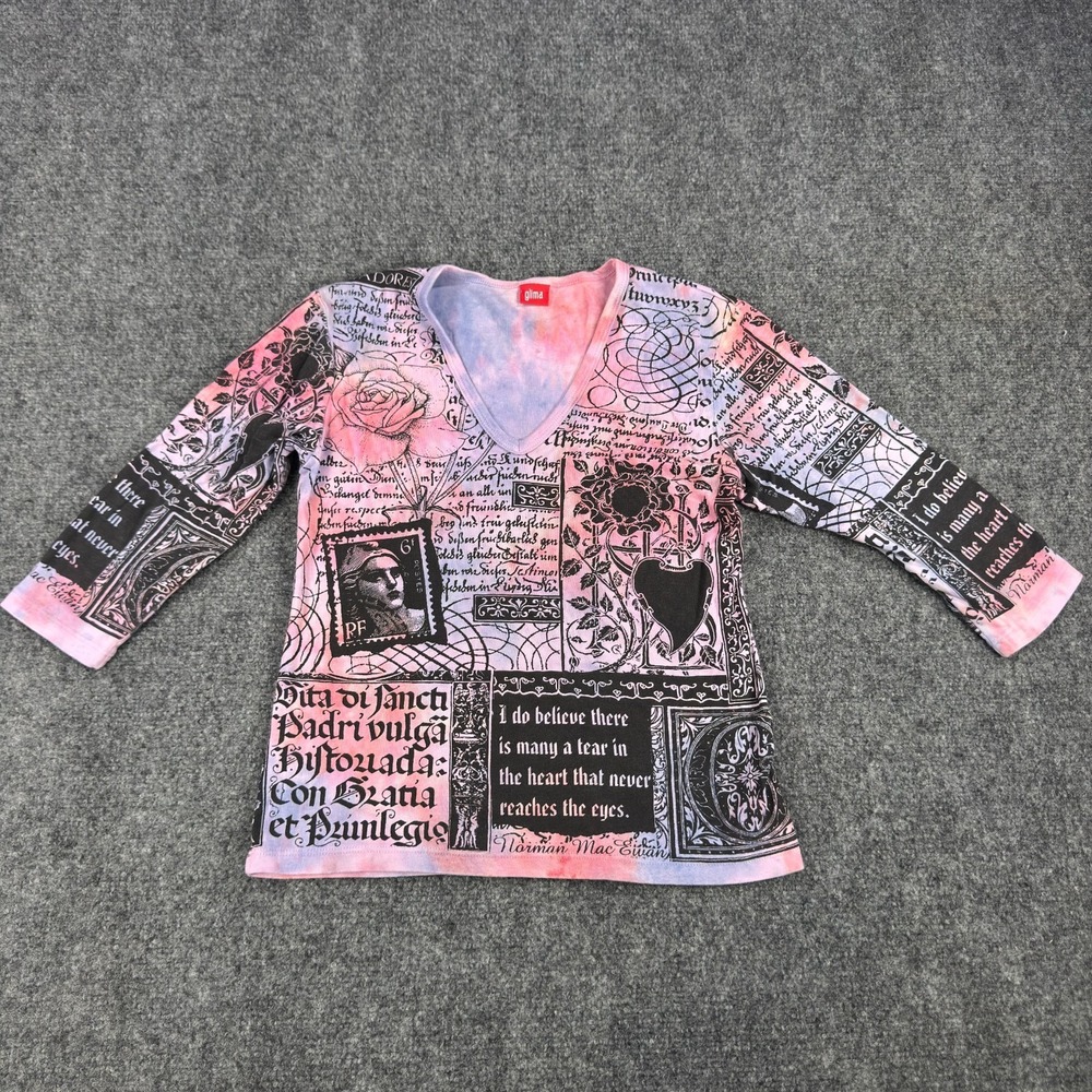 Vintage Y2K Glima Pink Tie Dye Script Collage Graphic 3/4 Sleeve V Neck Top M